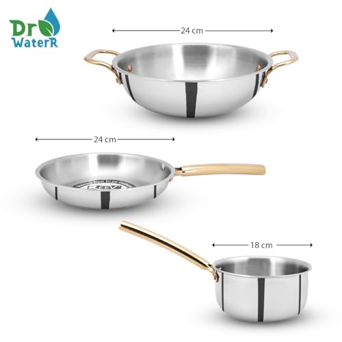 Image of Stainless Steel Triply Cookware Set of 4 Kadai 24cm- 2.4L, Frypan 24cm, Saucepan 18cm & SS Lid with Gold PVD Handle |Gas Stove & Induction Base| 5 Year Warranty - Silver 3.5kg