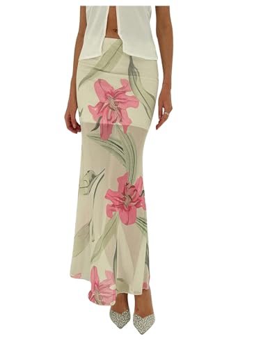 GORGLITTER Women's Floral Mesh Maxi Skirt Ruched Sheer Low Rise Bodycon Long Skirts3