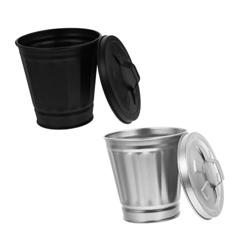 Bote de basura de escritorio negro mini con tapa de hierro 2pcs miniatura 3