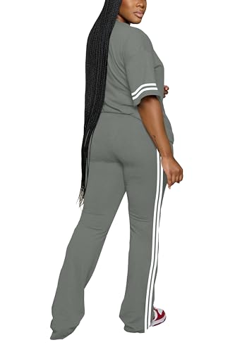 Women's 2 Piece Outfits Crewneck Short Sleeve Tops and Flare Pants Lounge Sets Tracksuit Grey XL3