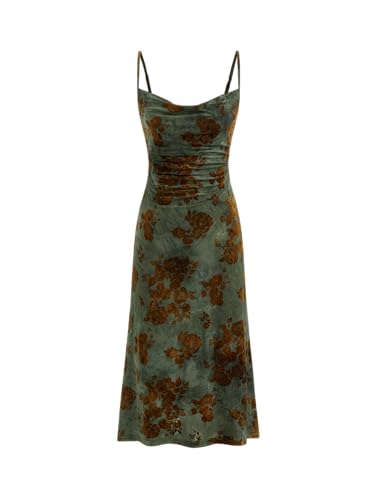 CIDER Womens Velvet Dress Floral Sleeveless Spaghetti Strap Ruched Midi Club Party Wedding Guest Dresses Green