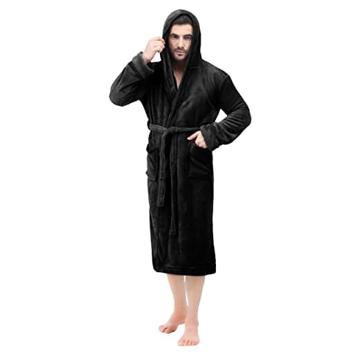 NY Threads Morgenmantel für Männer mit Kapuze, Kuschelig weich, Loungewear und Nachtwäsche (Schwarz, XX-Groß)
