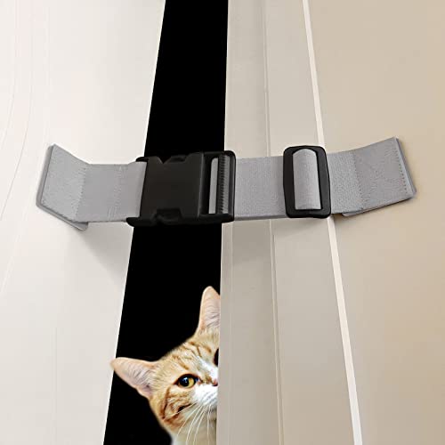 Child Proof Door Strap Stopper, (2 Packs) Adjustable Cat Door Latch Lock for Litter Box Room, Cats Enter Easily But No Kids, Reusable Baby Safety Door Guard (Grey)