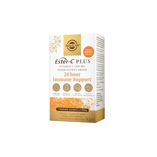 Solgar | Ester-C Plus Efervescente | Acción Rápida | 24horas de Apoyo Inmunológico | Vitamina C 1000 mg |Sabor a Naranja Natural | Libre de cafeína | 7 sobres | Con azúcar y edulcorante