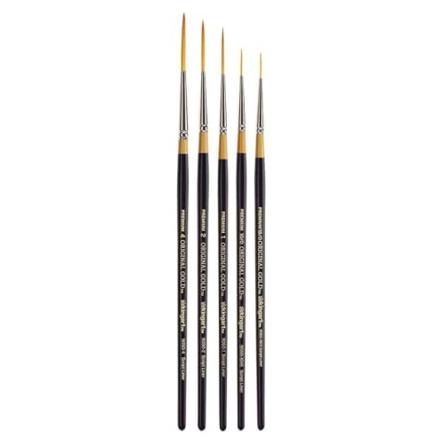 KINGART Premium Set de 5 Pinceles Script Liner Serie 9050 Original Gold, Pelo Sintético Golden Taklon para Acrílico, Óleo y Gouache, Mango Corto, 5 Tamaños: 18/0, 10/0, 1, 2, 4 miniatura 2