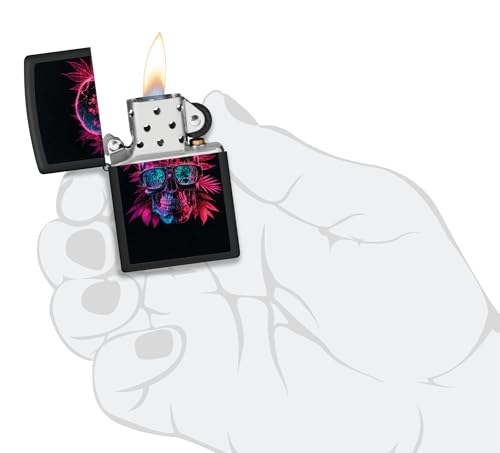 Image of Zippo Windproof Lighter - Cannabis Skull, Black Matte, Black Light - Refillable - Reusable - Windproof Design - Gift Box - Made in USA