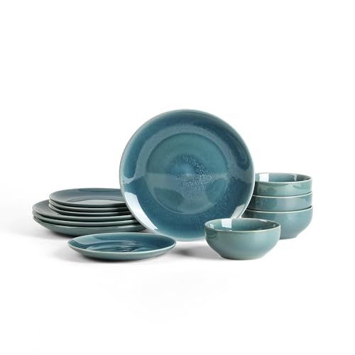 Image of Stone Lain Riley 12-Piece Dinnerware Set Stoneware, Plates and Bowls Set, Dishwasher and Microwave Safe, Dish Set for 4, Blue