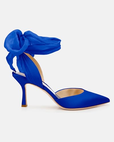 Image of Womens Lace up Satin Heels Bow Pointed Closed Toe Bridal Dress Shoes Low Heel Wedding Elegant Pumps