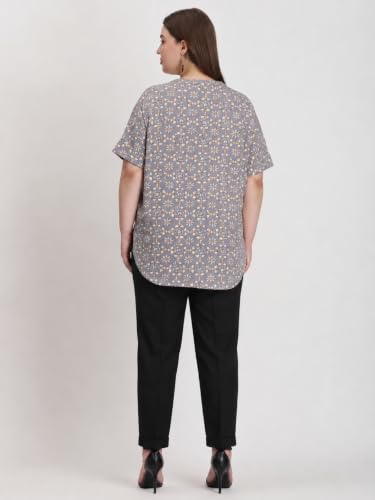 Image of SINDOORI Relaxed Fit Tops for Women Plus Size Solid Printed Mandarin Collar, Band Collar, V-Neck Top, Half Sleeve Loose Fit