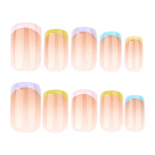 Image of Secret Lives Glossy Reusable Translucent Square Press-On Nails - Pink Blue Green Mauve & Yellow Ombre Color Tips 24-Pieces Artificial Nail Set with Kit | Easy to Use | Quick Fix