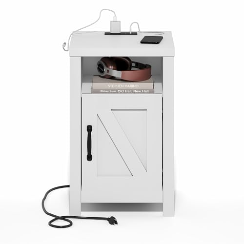 Furinno Farmhouse Nightstand with Charging Station, Bedside Table, Side Table, End Table with Door, USB Ports and Outlets, for Bedroom, Closet, Dorm, White - image 4