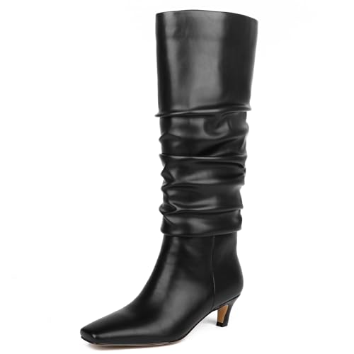 KysBloes Knee High Slouch Boots for Women Low Kitten Heel Long Boot Square Toe Fall Slouchy Boots Comfortable Fashion Shoes