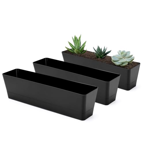 GREANER 3PCS 16x3.8 Inch Window Boxes Planters, Black Rectangle Planters Box with Drainage Holes and Trays, Herb Succulents Flowers Plastic Pot for Windowsill, Garden, Balcony, Indoor, Outdoor Decor