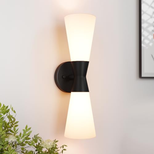 Image of Bathroom Wall Sconce, Modern Indoor Vanity Light Fixtures 17 inch, Up Down Lighting, Wall Mount Lamp for Living Room Bedroom Hallway Stairway Fireplace Mirror E26 Base 1PC White&Black