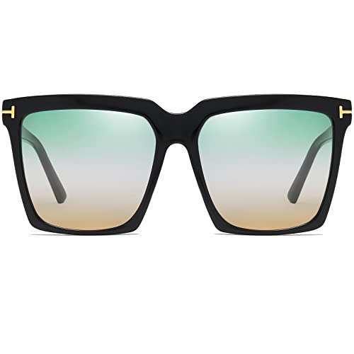AIEYEZO Oversized Square Sunglasses for Women Men Fashion Big Frame Shades Outdoor Sports Driving Sunnies UV400 Protection, Black/Green Yellow, MM