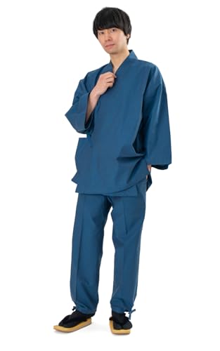 [あい藍] メンズ 作務衣 シャンブレー 日本製 (ブルー, XL)