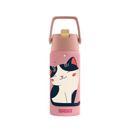 Sigg - Botella de agua aislada para niños - Shield Therm FLIP Purrfect - Carbonizada - A prueba de fugas - Apto para lavavajillas - Sin BPA - 90% acero inoxidable reciclado - Rosa con gato - 0,5 L