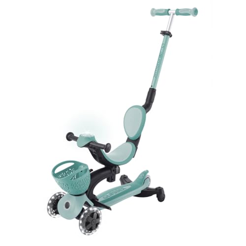 Globber GO•UP Baby 360 Lights - Patinete escalable de 3 Ruedas con Asiento y Respaldo, para niños de 15 Meses a 6 años, Verde Menta