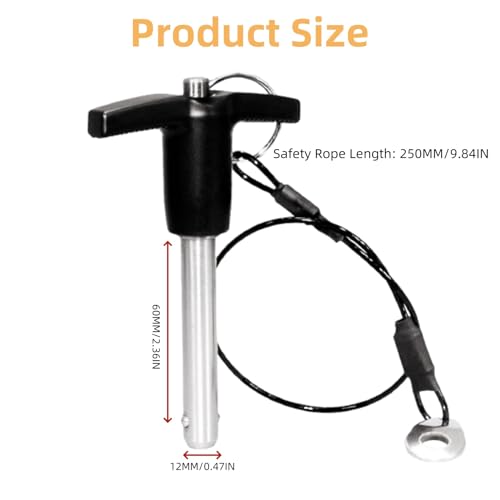 MerciL 2pcs T-Handle Locking Pin, 304 Stainless Steel Push-Button Quick Release Pin Quick Release Ball Locking Pin with Lanyard Cable (12X60MM)