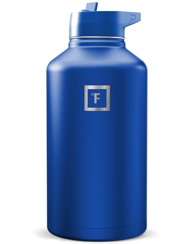 Image of IRON FLASK Camping & Hiking Hydration Flask with Straw, Wide Mouth Insulated Stainless Steel Sports Water Bottle - Twilight Blue 64 oz - Straw (1 Lid)