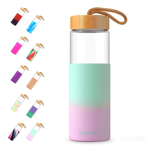 Tronco 24oz Borosilicate Glass Water Bottle with Bamboo Lid, Non-Slip Silicone Sleeve, Leak-Proof and Reusable Glass Bottle Perfect for Travel, Gym, and Everyday Use, BPA-Free, Dishwasher Safe