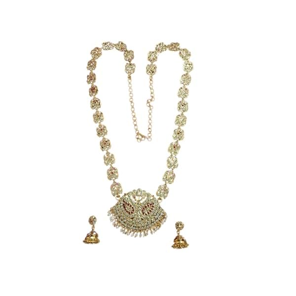 Impon Stone Jewellery Set - Long Haram - Jimikki - Pink and White Stone - 34 inch Long Haram length