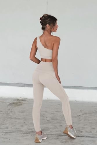 Fisoew Workout Sets for Women 2 Piece High Waisted Leggings with One Shoulder Stretchy Sports Bra Gym Tracksuits3