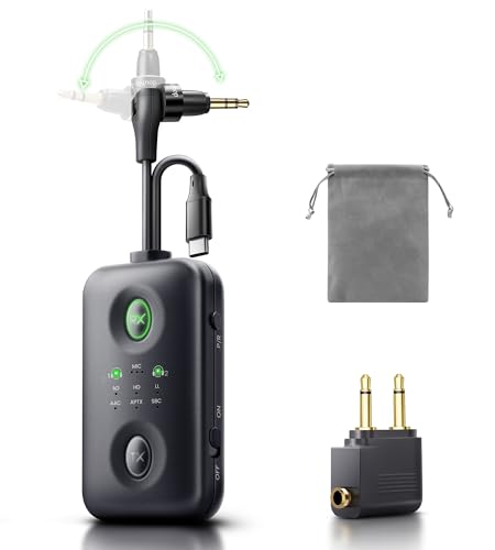 Receptor transmisor Bluetooth 5.4 de diseño único con Qualcomm aptX adaptable para AirPods duales/auriculares, conector auxiliar de 3.5 mm y adaptador Bluetooth USB C para avión, TV, PS5, gimnasio