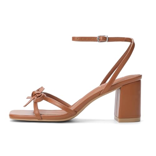 Goderci Bow Strappy Heels for Women Square Open Toe Mid Chunky Block Heeled Sandals(8,Brown) by Goderci - Used condition - Image 3