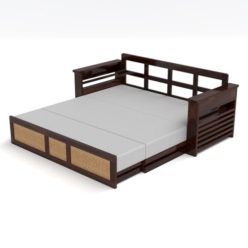 Image of Kunjal Furniture Solid Sheesham Wood Sofa Cum Bed with Storage for Living Room | Natural Finish | 3-Seater Convertible Sofa Bed | Handmade Wooden Furniture (Walnut, Modern)