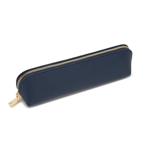 Image of Pencil Case Small Pencil Pouch Slim Zipper Pen Holder School Office College(Navy Blue,Faux Leather)