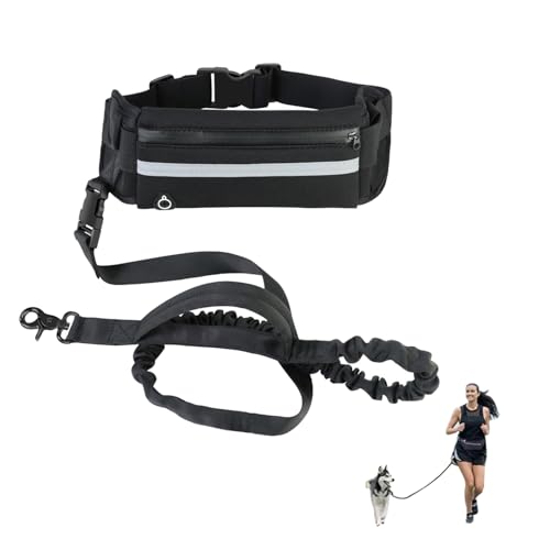 Laisse Canicross Chien,Laisse pour Chien avec Ceinture, Pochette Amovible et Laisses Élastique, Idéale pour Courir et Marcher avec Votre Chiens (Noir)