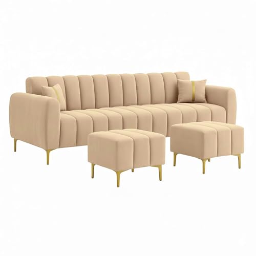 Image of Harmonica 3 Seater Modular L Shape Sofa Set with 2 Ottoman| Soft Velvet Upholstery, Sturdy Wooden Frame | Modern Sofa for Living Room, Hall & Office Spaces (Beige)