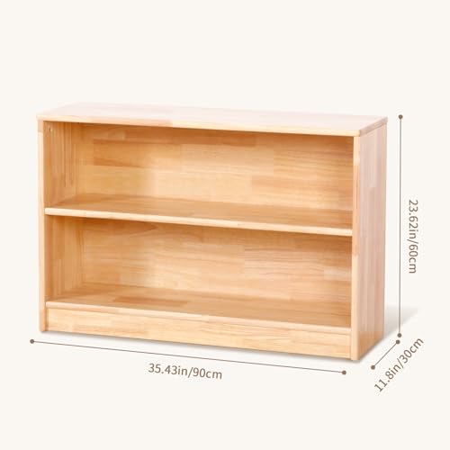 OOOK Rubber Wood Montessori Shelf and Toy Storage, 90 cm Solid Wood Bookshelf and Toy Organizers, 2-Tier Storage Cabinet Shelves and Kids Bookcase for Classroom, Kindergarten, Kids Room, Playroom