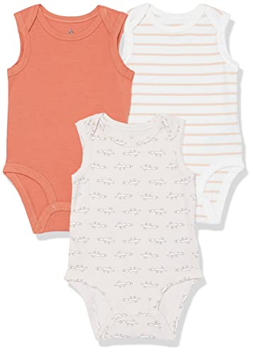 Amazon Essentials Unisex Babies' Cotton Stretch Jersey Sleeveless Bodysuit (Previously Amazon Aware), Pack of 3, Beige Mouse/Light Orange/Pink Stripe, Preemie