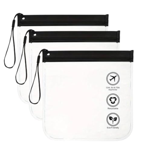 Bolsa de Aseo para Líquidos, Estuche de Viaje para Líquidos, Neceser Transparente para Viaje, Bolsa Transparente para Avión, Bolsa de Mano, Bolsa de Cosméticos Viaje, 20x20cm, Negro (3 pcs)
