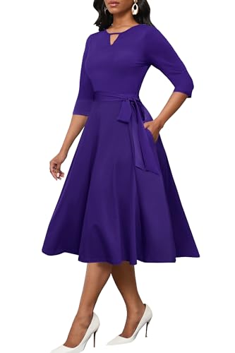 Image of CLOCOR Midi Dresses for Women Casual A-Line Fit and Flare Dress Crewneck 3 /4 Sleeve Keyhole Cocktail Party Church Dress