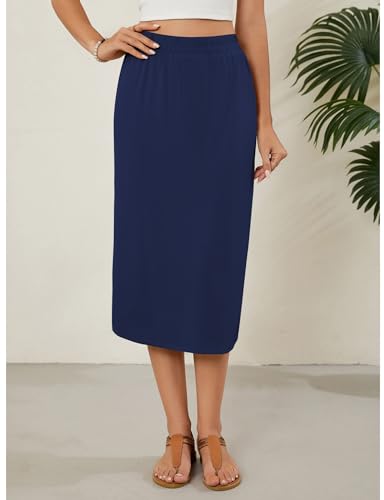 Image of Naggoo Midi Skirts for Women Summer Elastic High Waisted Basic Straight Skirt with Slit