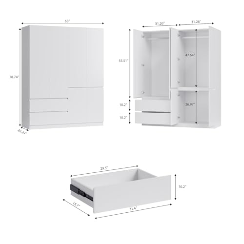 Bobve78 H Armoire Wardrobe Closet with 4 Doors and 2 Drawers, Wooden Bedroom Armoires with Hanging Rod, Freestanding Wardrobe Cabinet for Bedroom, White - Thumbnail 2