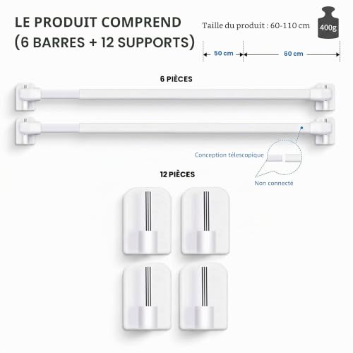 Barres de tension blanches de 60 à 110 cm pour rideaux de fenêtres et séparations de placard - 4