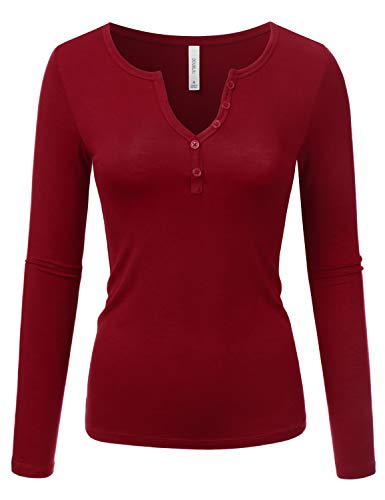 Doublju Sexy Deep V-Neck Henley T-Shirt for Women with Plus Size Burgundy X-Large