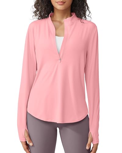 G4Free Long Sleeve Sports T-Shirt Women UPF 50+ Sun Half Zip Shirts Lightweight Quick Dry Workout Tops Running Hiking Breathable Activewear with Thumb Holes Pink