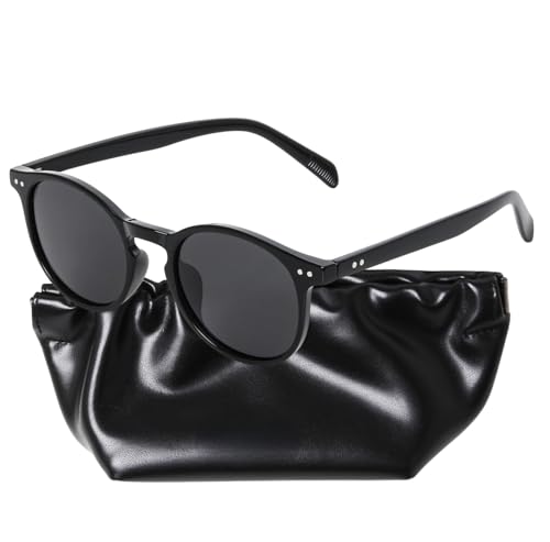 Trendy Korean Retro Style Vintage Round Women Sunglasses (Premium Vegan Leather Case Included)