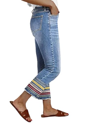 Cropped Jeans for Women,Women's Mid Waist Boyfriend Straight Leg Rise Stretchy Tribal Multicolor Stripe Embroidery Pants3
