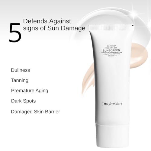 Image of The Formularx Sun Relief Ceramide Sunscreen SPF 50 PA++++ | Broad Spectrum UV & Blue Light Protection | For Oily, Acne prone, Sensitive Skin | Brightening Barrier Care with Niacinamide, Hyaluronic acid, & Peptides | Lightweight, No White Cast | Water & Sweat Resistant | Men & Women | 50g