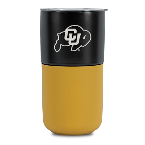 Rico Industries NCAA Colorado Buffaloes 16 oz Ceramic Tumbler with Silicone Grip, Deep Laser Engraved, Black and Gold Colored Design with Slide Lid, Travel Coffee Mug, Matte Glaze