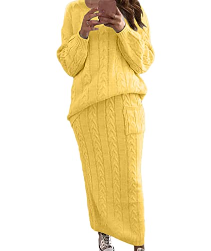 Image of Sexyshine Women's Cable Knit Long Skirt 2 Piece Outfit Chunky Oversized Pullover Sweater Top and Long Pencil Skirt Sets