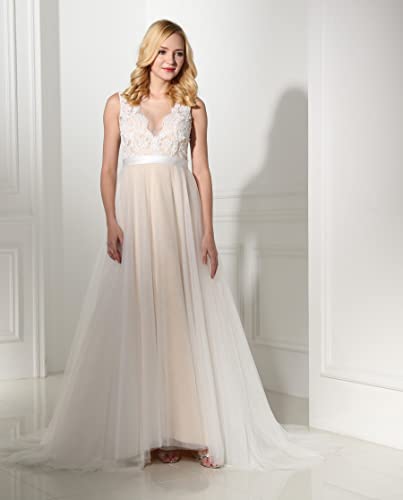 Image of Spaghetti Chiffon Beach Wedding Dress V Neck A line Bridal Gowns Lace Plus Size Wedding Dress