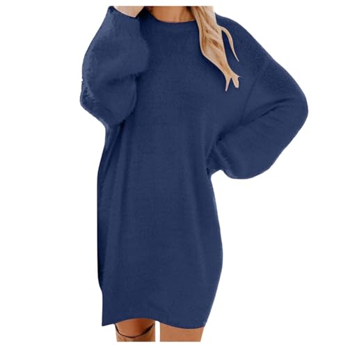 Lggwunsi Pull Chaud Femme Hiver - Chic et Elegant Robe Manche Longue Hiver Femme Grande Taille Robes Longues Femmes Chaude Tricot Dress Oversize Vêtements Col Rond Couleur Unie,Bleu,XL