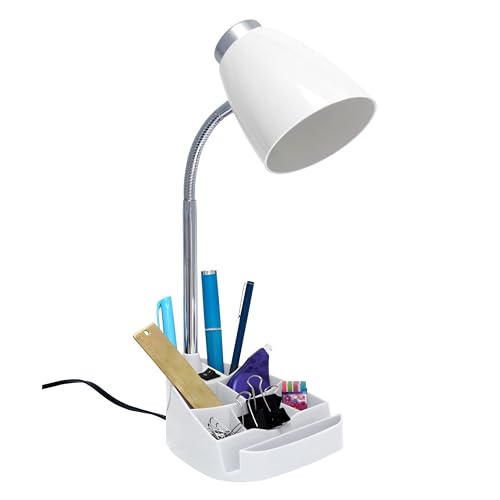Simple Designs LD1002-WHT Gooseneck Organizer Desk Lamp with iPad Tablet Stand Book Holder, White